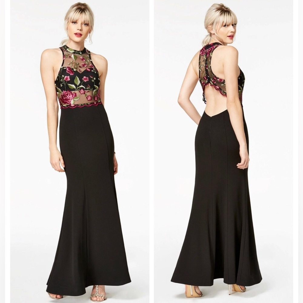 Sequin Hearts Mermaid Floral Embroidery Cut Out Mesh Black Evening Gown size 4